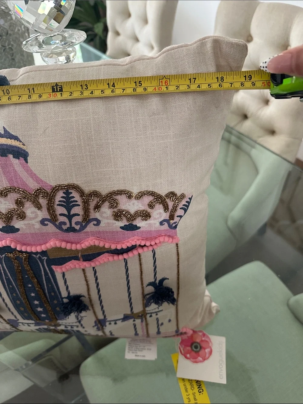 Carousel Horse Decorative Pillow with Pink & Navy Embroidery and gold bits